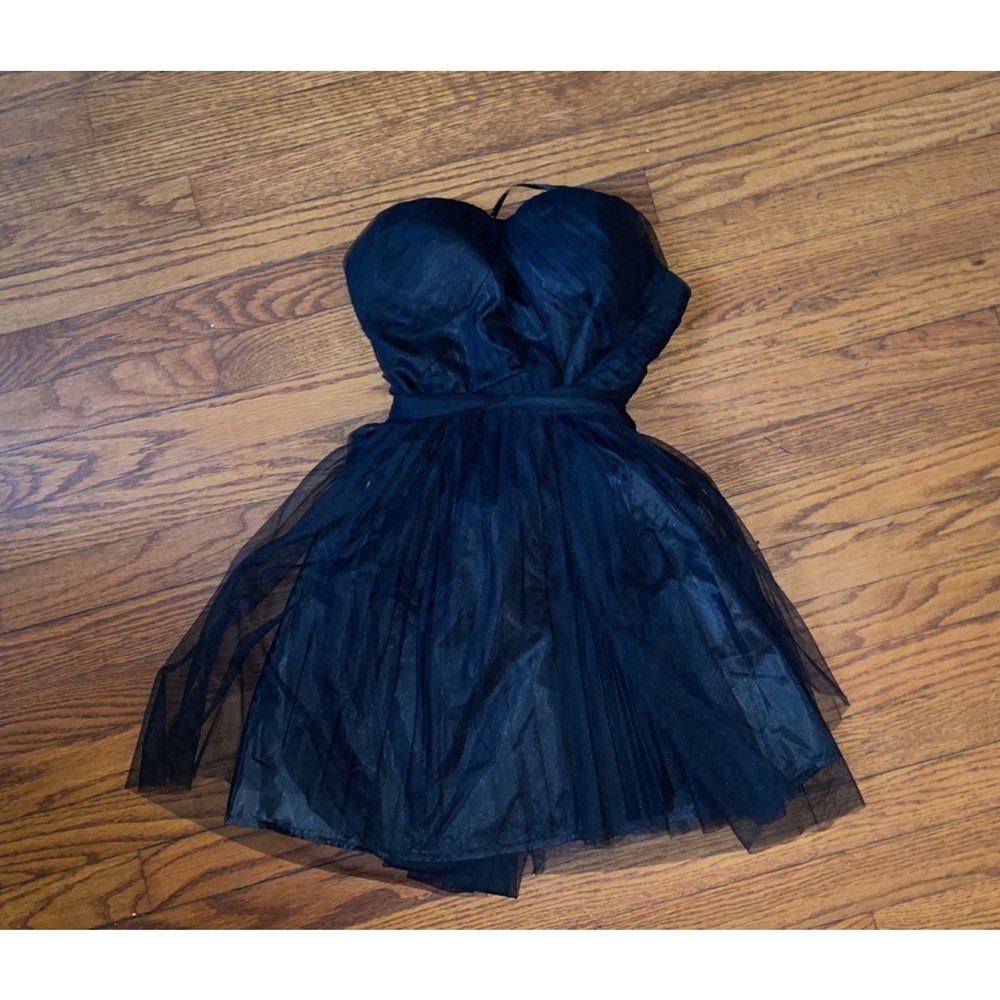 NEW•Black layered Chiffon strapless formal cocktail Tria Dress SM